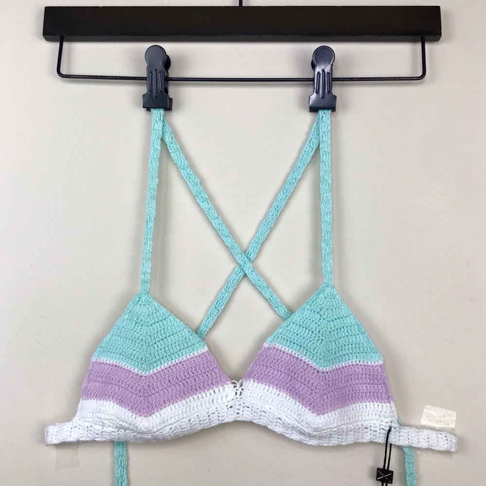 Vitamin A White Purple Crochet Bikini Set Size XS Sexy Knit Lavender Tassels